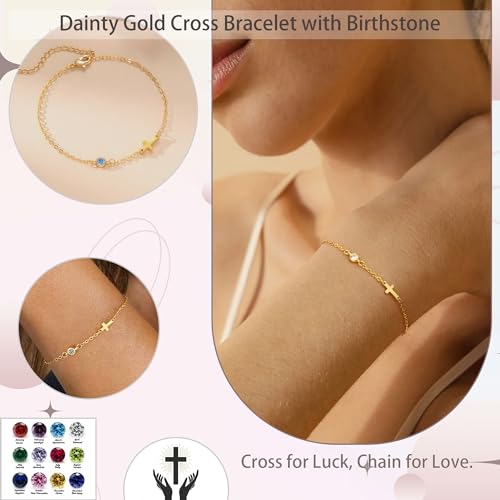 Cross Bracelet with Birthstone, Christian Gifts for Women Dainty Gold Bracelet Birthstone Bracelets for Women Birthday Gift Religious Faith Baptism Confirmation Bracelets for Teen Girls Christmas Jewelry for Mom Daughter Granddaughter - color: Gold Plated