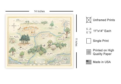 Monem Art Winnie Poster - Hundred Acre Woods Map Print - Classic Storybook Art - Nursery & Kids Room Décor - Winnie Bear Map Artwork - Gift for Boys, Girls & Parents - 11x14 Unframed Wall Art - color: Multicolor, size: 11"L x 14"W