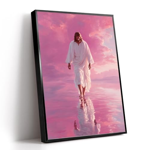 Eziktw Religious Jesus Walking on Water Wall Art Pink Sunset Christian Picture Alloy Framed Faith Based Spiritual Savior Modern Christ Lavender Sea Canvas Prints Living Room Bedroom Decor 12" × 18" - color: Black Metal Pink, size: 18"L x 12"W
