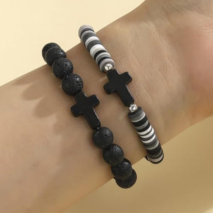 Colorful Handmade Cross Beaded Bracelet for Women Qute Religious Stone Clay Beaded Bracelet for Christian Inspirational Easter Chrismas Thanksgiving Gifts Jewelry - color: Black