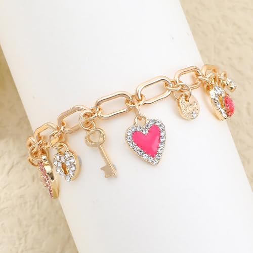 Boho Cute Gold Charm Link Bracelet for Women Starfish Clover Cross Star Lock Key Heart Pearl Charm Bracelets Vacation Spring Summer Santa Claus Reindeer Christmas Party Jewelry Gifts for Womens - style: Red Heart