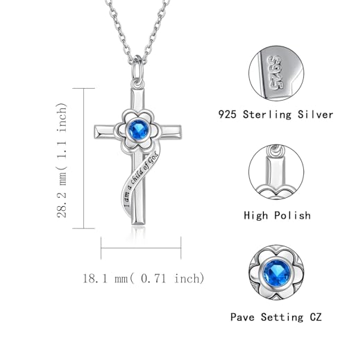 I am a Child of God Necklace - 925 Sterling Silver Birthstone Flower Cross Pendant Religious Jewelry Baptism First Communion Confirmation Gifts for Girls - style: Dec.