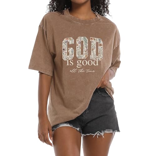Christian God is Good Shirts for Women Jesus Faith Religious T Shirts Floral Graphic Oversized Acid Washed Tee Tops - color: Coffee, size: Large