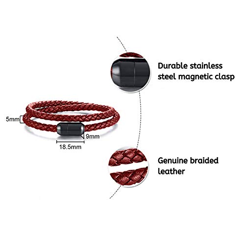 globi Leather Bracelet For Men | Genuine Wrap Braided Leather Cuff Bangle Bracelet with Magnetic Stainless Steel Clasp For Men/Women - color: Red