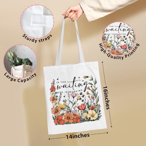 VICBOU Bible Verse Canvas Tote Bag Religious Christian Gifts for Women Men Faith Canvas Tote Reusable Grocery Bag - color: Waitinggod