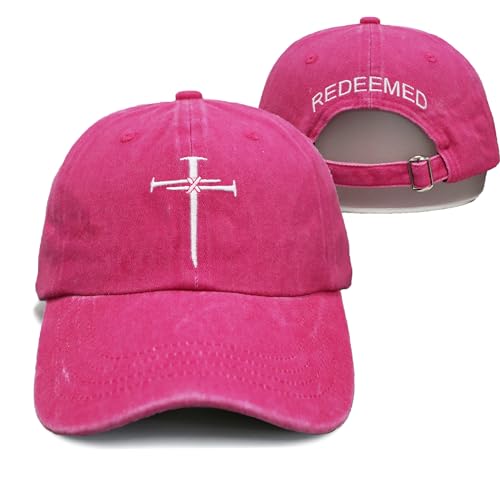 Christian Redeemed Cross Nails Hats for Men Women, Vintage Adjustable Cotton Embroidered Front & Back Baseball Cap - color: Christian-pinkie
