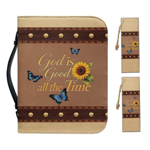 PU Leather Bible Cover Church Bible Bag with Bookmarks Book Covers Blue Butterfly Sunflower Print Carrying Bible Case with Zippered Pockets for Prayer, M - color: Blue Butterfly Sunflower, size: Medium