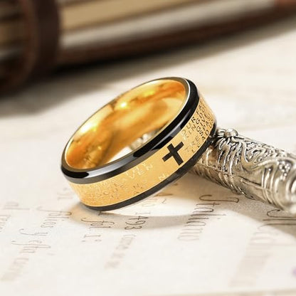 King Will Stainless Steel Men Ring Lord's Prayer Cross Ring Stainless Steel Men Wedding Ring, Wedding Band Bible Engraved Rings High Polished, Comfort Fit - color: Gold-Plated &Black