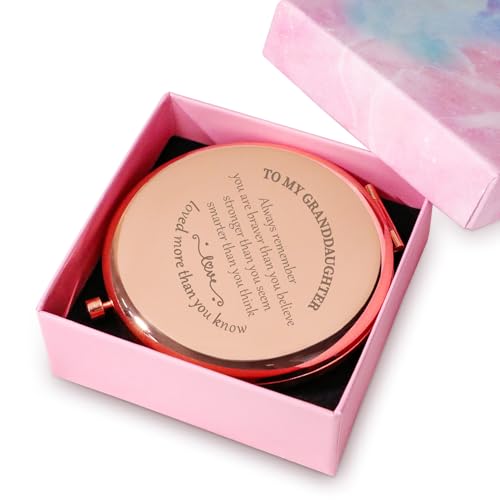 Personalized Gifts for Granddaughter, Custom Granddaughter Gifts for Birthday, Engraved Compact Mirror, Mothers Day Basket Stuffers - color: Granddaughter - Braver,stronger,smarter,loved