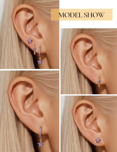 Angelady Gold Hoop Earrings Set for Women, Dainty 14K Gold Plated Flower Moon Cross Dangle Earrings, Hypoallergenic Huggie Hoop Earring Stacks, Stud Earrings for Women Trendy Jewelry Gift - color: Gold Purple CZ