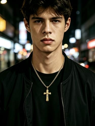 Men's Layered Cross Pendant Necklace, 2.1x1.2 inch Religious Charm, 21.6" 5mm Stainless Steel Cuban Chain, 18K Gold & Black Plated, Bonus 23.6" Square Pearl Chain, Marble Gift Box for Dad - color: Gold