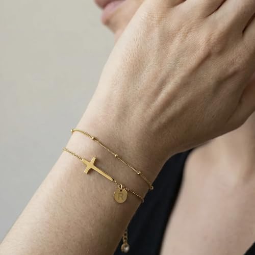 Cross Bracelet Set for Women, 18K Gold Plated Stainless Steel, Minimalist Cross & Initial Letter Charm, Adjustable Layered Bracelets with Gift Box and Inspirational Cards - color: Gold-V
