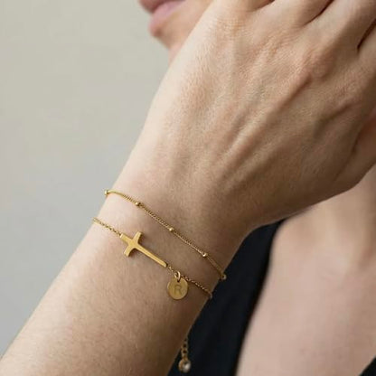 Cross Bracelet Set for Women, 18K Gold Plated Stainless Steel, Minimalist Cross & Initial Letter Charm, Adjustable Layered Bracelets with Gift Box and Inspirational Cards - color: Gold-I