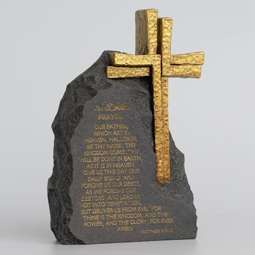 The Lord's Prayer Stone Decor, Religious Cross, Resin Black with Gold Text, 9.4inches, Christian Home Office Table Decoration - color: Black