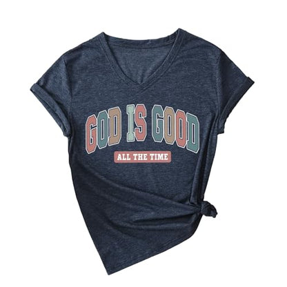 Christian Shirts for Women God is Good Tshirts Religious Faith Graphic T-Shirts Jesus Bible Verse V Neck Tees Tops - color: Navy Blue, size: X-Large