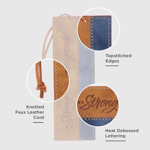 Christian Art Gifts Faux Leather Scripture Bookmark: Strong and Courageous - color: Brown/Navy - Be Strong
