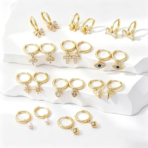 Dangle Earrings for Women, Dainty Huggie Hoop Dangle Earrings - color: Flower 01 Dangle Gold