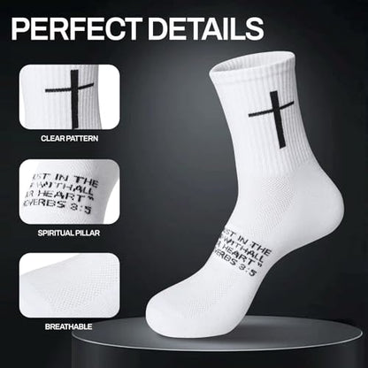 6 Pairs Christian Cross Socks Prayer Stockings with Bible Verse for Church & Daily Wear Christian Gift for Christmas - color: Proverbs 3:5 - White/Black