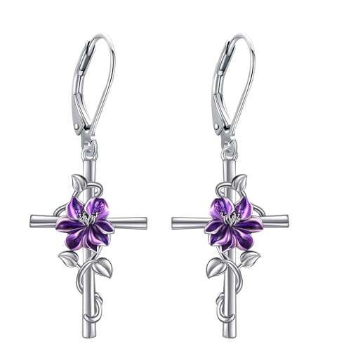 Flower Cross Earrings 925 Sterling Silver Daisy Butterfly Lily Violet Mushroom Dangle Drop Earrings Birth Flower Jewelry for Women Birthday Christmas Gifts - style: Violet Cross
