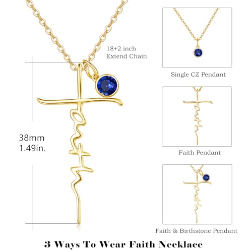 PRAYMOS Faith Cross Necklace for Women 925 Sterling Silver Pendant Necklace With Birthstone Initial Christian Religious Confirmation Baptism Mothers Day Gifts - color: 3-18K Gold Plated September(Sapphire)