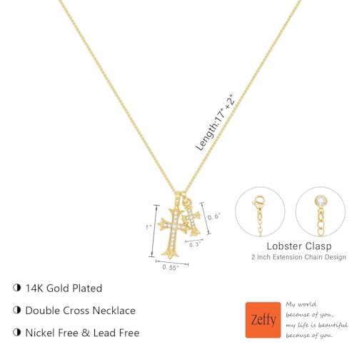 Zeffy Cross Necklace for Women,18K Gold/Silver Plated Tiny Cubic Zirconia Cross Pendant Necklace for Women Simple Layered Cross Necklaces for Women - color: Gold CZ Double Cross