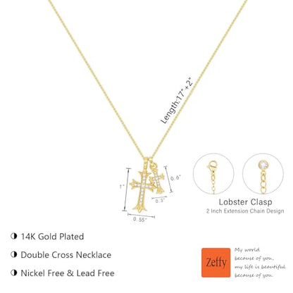 Zeffy Cross Necklace for Women,18K Gold/Silver Plated Tiny Cubic Zirconia Cross Pendant Necklace for Women Simple Layered Cross Necklaces for Women - color: Gold CZ Double Cross