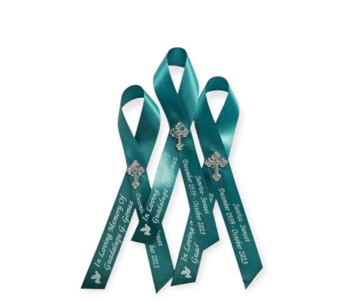 Personalized Memorial Service Funeral Ribbon Pins 20 Cross Religious Celebration of Life Custom Made Awareness Remembrance Anniversary Death Cross Sympathy Name Angel - color: Teal