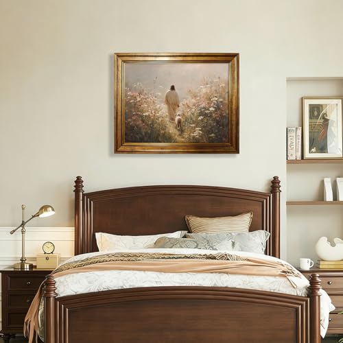 Jesus Leaves the 99 Sheep Wall Art 20x30 Inch Gold Framed Christian Oil Painting Canvas Poster The Lost Sheep Religious Faith Prints for Prayer Room Home Church - color: Beige, size: 30"L x 20"W, style: Gold Framed