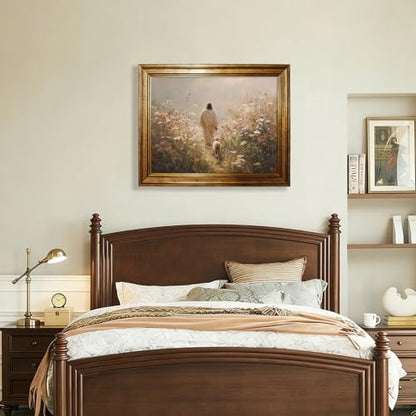 Jesus Leaves the 99 Sheep Wall Art 20x30 Inch Gold Framed Christian Oil Painting Canvas Poster The Lost Sheep Religious Faith Prints for Prayer Room Home Church - color: Beige, size: 30"L x 20"W, style: Gold Framed
