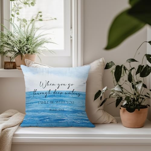 Coastal Beach Christian Throw Pillow Covers 18x18 Inch, Blue Ocean Beach Bible Verse Decorative Pillow Cover for Bedroom Living Room Couch Sofa, Religious Accent Pillows Cover Pillowcases