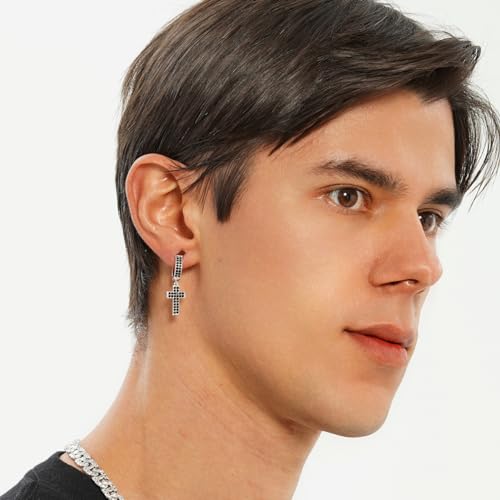 TOPGRILLZ Cross Hoop Dangle Earrings 925 Sterling Silver 5A+ Cubic Zirconia 14K Gold Hypoallergenic Cross Hoop Cuff Huggie Drop Earrings For Men Women - color: Cross 2 Silver Black