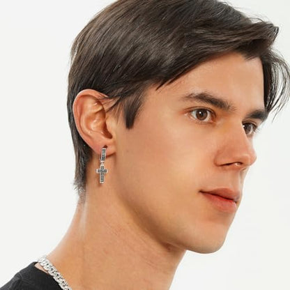 TOPGRILLZ Cross Hoop Dangle Earrings 925 Sterling Silver 5A+ Cubic Zirconia 14K Gold Hypoallergenic Cross Hoop Cuff Huggie Drop Earrings For Men Women - color: Cross 2 Silver Black