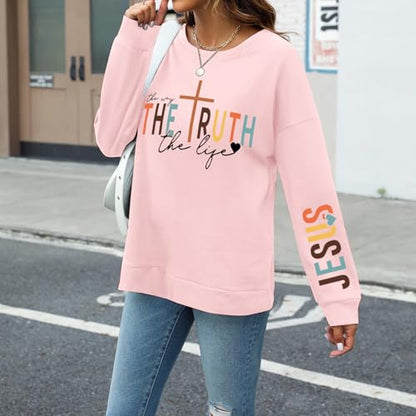 Tuislay Christian Sweatshirt Womens Jesus God Pullover Bible Verse Crewneck Sweatshirts Religious Cross Graphic Shirts - color: Pink, size: XX-Large