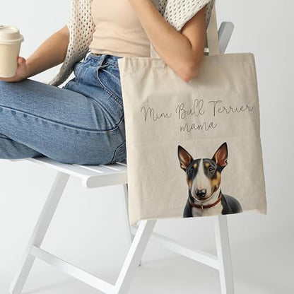 Dog Mom Canvas Tote Bag for Women, Reusable Cotton Shoulder Bag, Dog Lover Gift, Mother’s Day Pet Mom Shopping Tote - color: Mini Bull Terrier