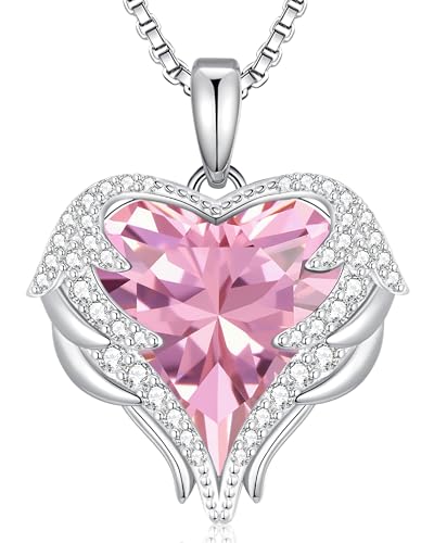 CDE Angel Wings Heart Birthstone Pendant Necklace Gift for Women - color: White-10-Opal Pink Birthstone