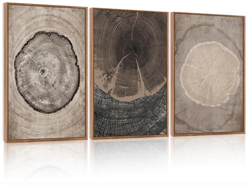 CHDITB Tree Ring Wall Art Set of 3, 24"x36" Large Modern Wood Stump Wall Decor, Abstract Black and White Wall Painting, Neutral Nature Art Print for Living Room, Bedroom, Office, Dinning Room - color: Beige Tree Ring, size: 24"L x 36"W