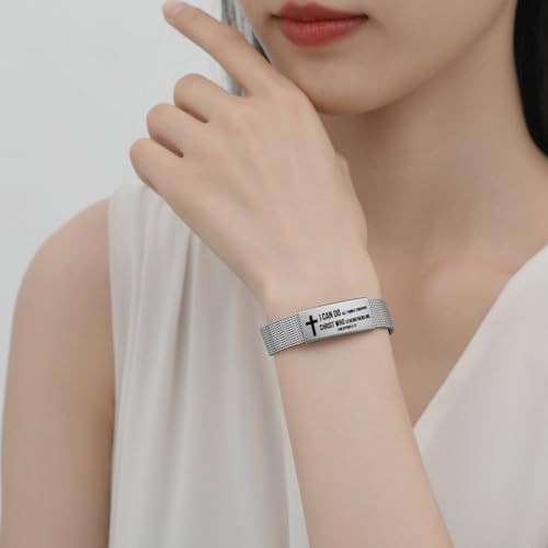 Bible Verse Bracelet-Stainless Steel Scripture Quotes Inspirational Bracelet Faith Christian Bracelet for Women, Christmas gift for women - color: Mesh-Silver