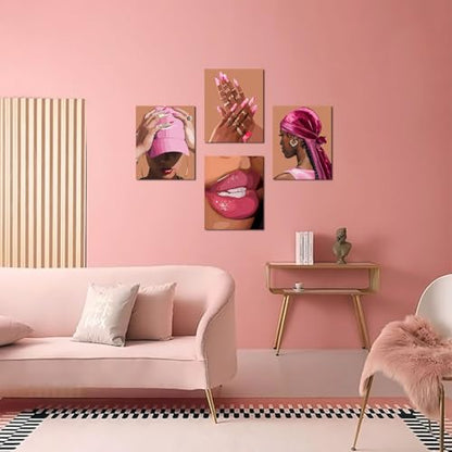 Pink Bedroom Wall Decor Black Girl Wall Art Canvas Prints Set of 4 - color: Framed 8"x10" Pink Black Women Wall Art Set of 4