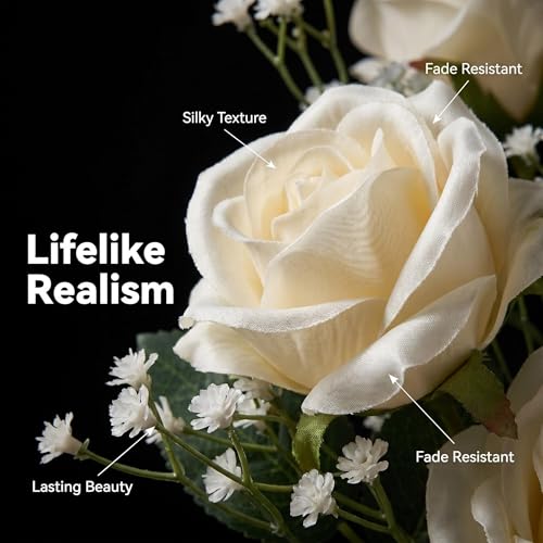 50 Pcs Artificial Rose Bouquet with Baby's Breath, Fake Silk White Roses Realistic Rose for Wedding Centerpieces Flower Arrangement Home Decor