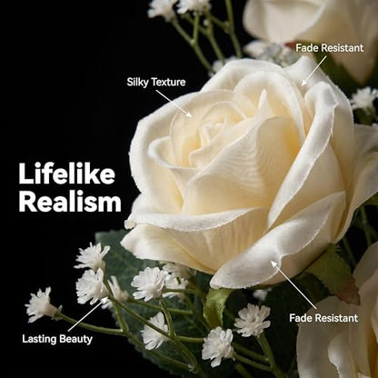 50 Pcs Artificial Rose Bouquet with Baby's Breath, Fake Silk White Roses Realistic Rose for Wedding Centerpieces Flower Arrangement Home Decor