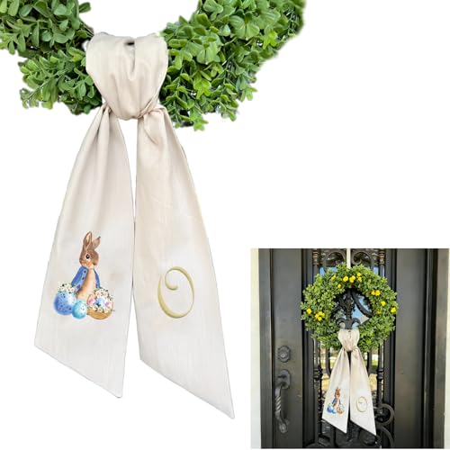 Rabbit Easter Wreath Bow Custom Embroidered Monogram Spring Bunny Wreath Sash for Front Door Hand Tailored Easter Decorations Spring Bows for Wreaths (O) - color: O
