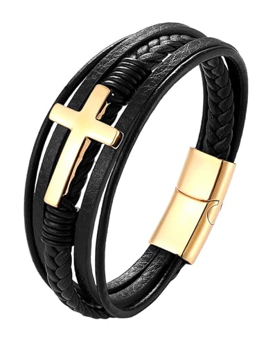 Cross Leather Bracelet for Men, Multi-Layer Braided Mens Religious Cuff Bracelets with Stainless Steel Clasp Anniversary Father's Day Birthday Christmas Jewelry Gifts for Him - color: Gold Clasp & Black Leather