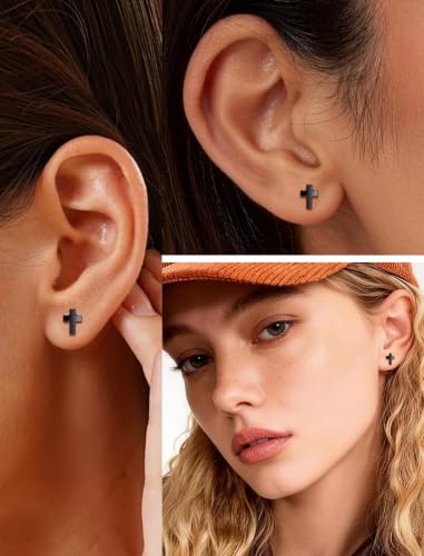 Limerencia Titanium Stud Earrings, Cross Earrings for Sensitive Ears - color: Black +Screw Back