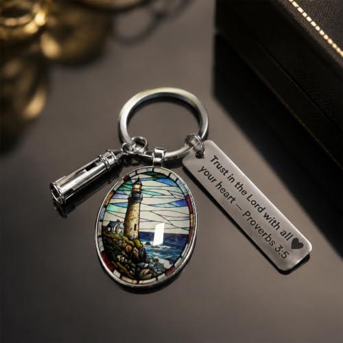 3D Glass Lighthouse Keychain with Bible Verses,Christian Gifts for Women Faith - color: Proverbs 3:5