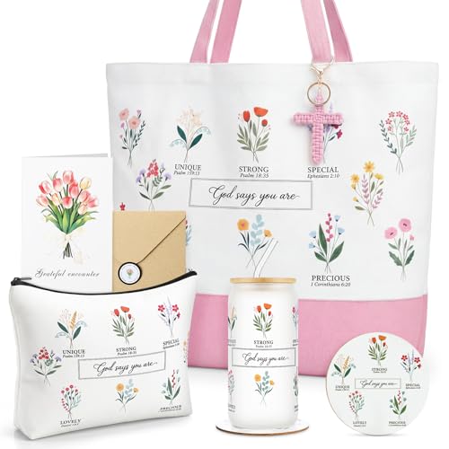 Aliceset 6 Pcs Religious Christian Gifts for Women Bible Verse Tote Bag Cosmetic Bag Glass Cup Keychain for Catholic Church(Pink) - color: Pink