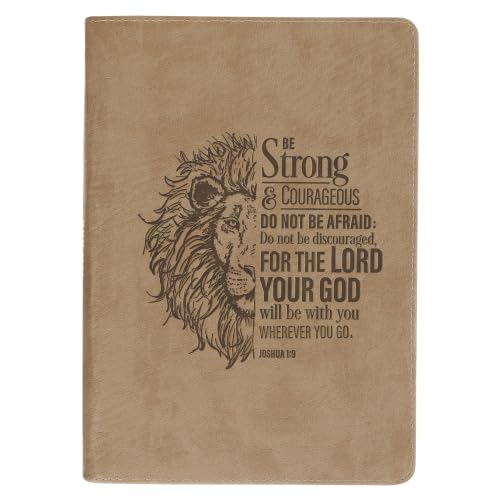Christian Art Gifts Zippered Journal - Be Strong & Courageous, Wide Ruled Notebook, Joshua 1:9 Bible Verse, 336 Lined Pages w/scripture, Lion, Tan Faux Leather, (9” x 6.4” x .9”)