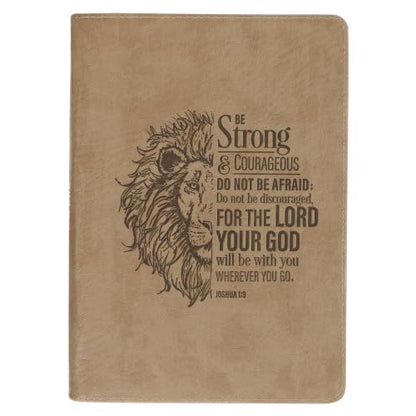 Christian Art Gifts Zippered Journal - Be Strong & Courageous, Wide Ruled Notebook, Joshua 1:9 Bible Verse, 336 Lined Pages w/scripture, Lion, Tan Faux Leather, (9” x 6.4” x .9”)