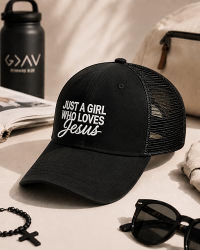Christian Hat for Men Women - Premium Embroidered Faith Baseball Cap - Religious Jesus Gifts, Mesh Back Trucker Hats - color: Just a Girl Who Loves Jesus-black