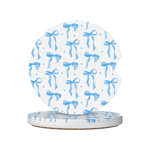 Blue Bow Car Coasters for Cup Holders,2 Pack Car Cup Holder Coasters for Car,Ceramic Absorbent Car Coaster with A Finger Notch and Cork Base,Car Interior Accessories for Women Men - color: Blue Bow