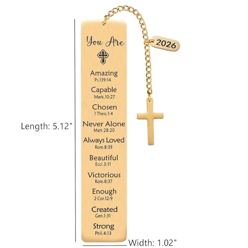 2026 Religious Bible Verses Bookmark with Cross Charm, Faith-Based Gift for Readers, Stainless Steel Christian Affirmation Book Mark, Bible Confirmation Accessories for Him Her, Gold - style: Gold